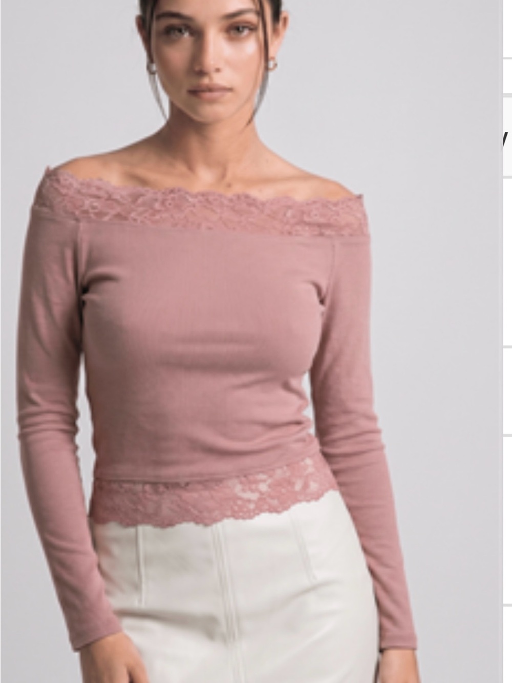 Off-Shoulder Lace Trim Long Sleeve Top - Blush Pink